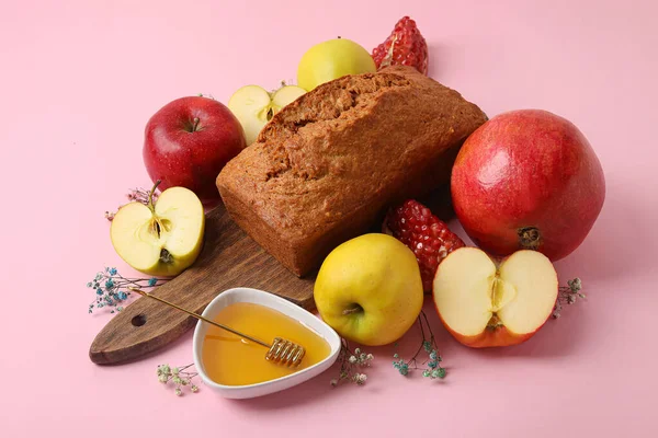 Bread Honey Pomegranate Apples Color Background Rosh Hashanah Jewish New — Stock Photo, Image