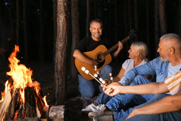 Mature People Marshmallows Barbecue Party Fire Summer Evening — Stock Photo, Image