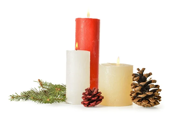 Composition Wax Candles Fir Branch Pine Cones White Background Royalty Free Stock Photos