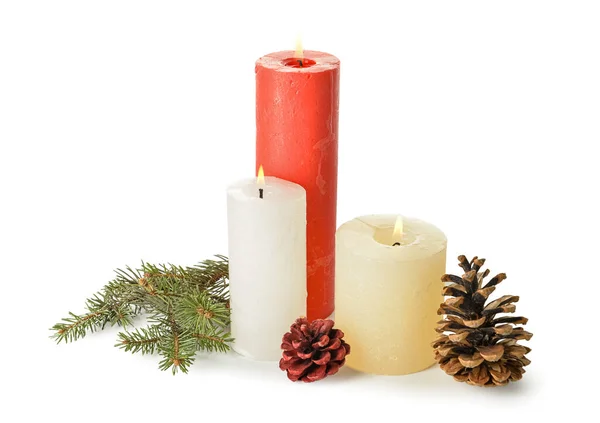 Composition Wax Candles Fir Branch Pine Cones White Background Stock Picture