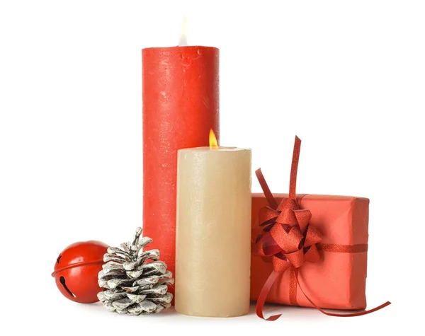 Christmas Composition Aroma Candles Gift Box White Background Stock Image