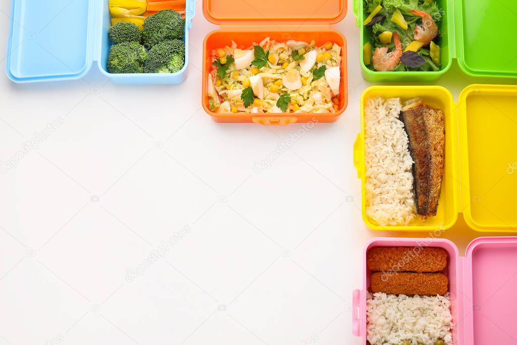 Many plastic containers with healthy food on white background