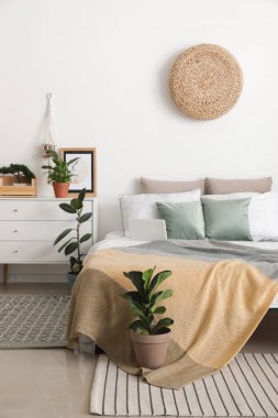 İçinde bitkiler olan şık bir yatak odası.