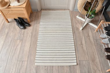 Modern koridorun içinde yerde şık bir halı var.