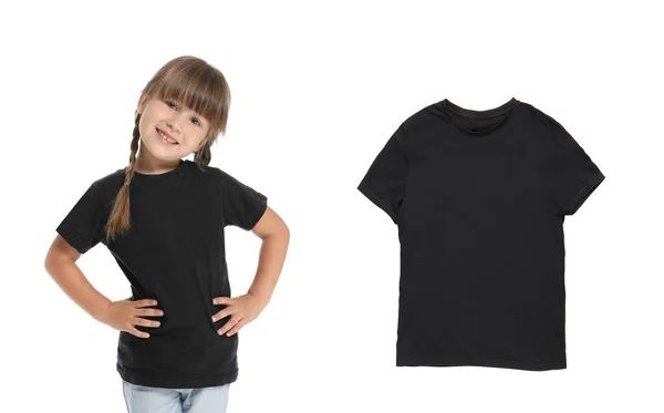 Little Girl Blank Shirt White Background — Stock Photo, Image