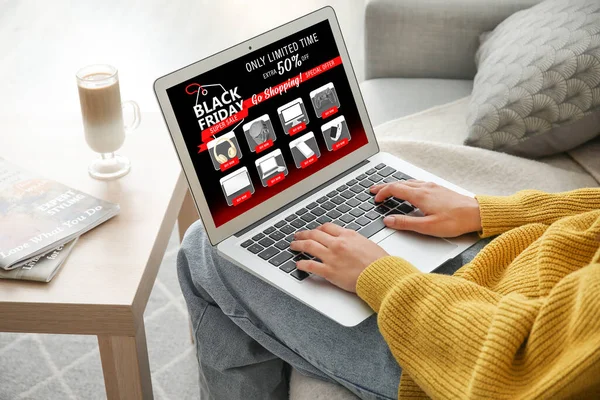 Young Woman Laptop Shopping Online Black Friday Home — Stock Photo, Image