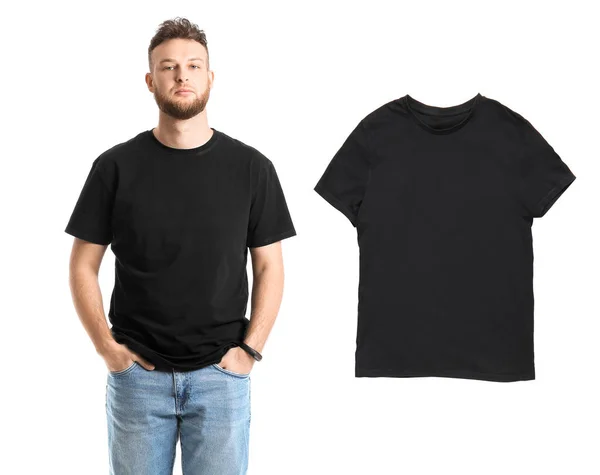 Porträtt Stilig Man Blank Shirt Vit Bakgrund — Stockfoto