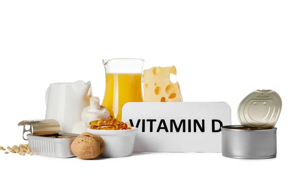 Text Vitamin Och Olika Hälsosamma Produkter Vit Bakgrund — Stockfoto