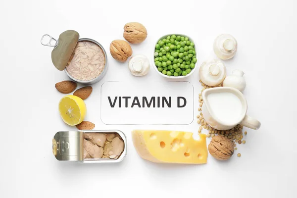 Texto Vitamina Diferentes Productos Saludables Sobre Fondo Blanco — Foto de Stock