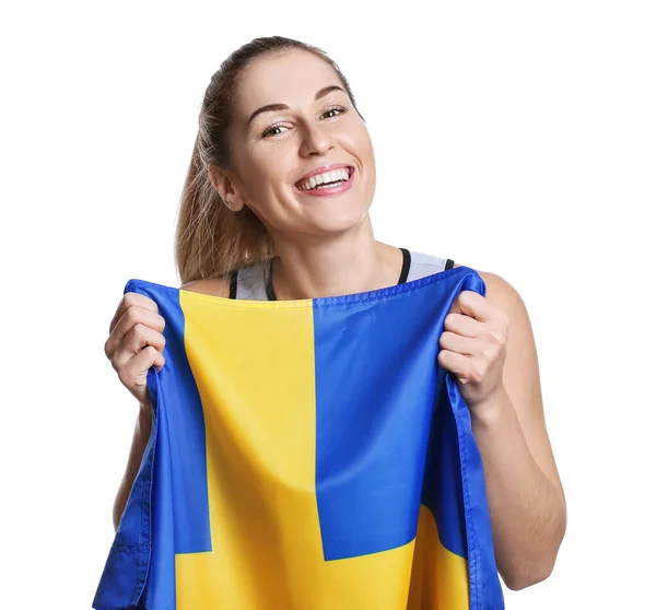 Vacker Ung Cheerleader Med Flagga Vit Bakgrund — Stockfoto