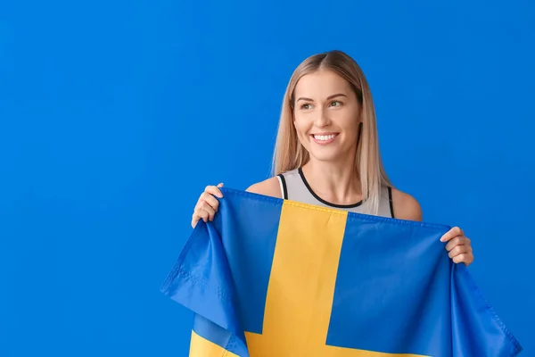 Vacker Ung Cheerleader Med Flagga Färg Bakgrund — Stockfoto