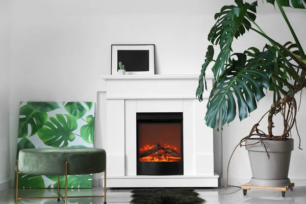 Stijlvol Interieur Van Woonkamer Met Open Haard Tropische Plant Pot — Stockfoto