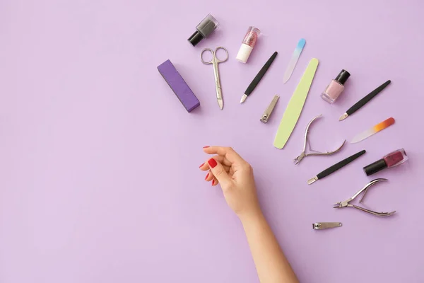 Female Hand Tools Manicure Lilac Background — Stock Photo, Image
