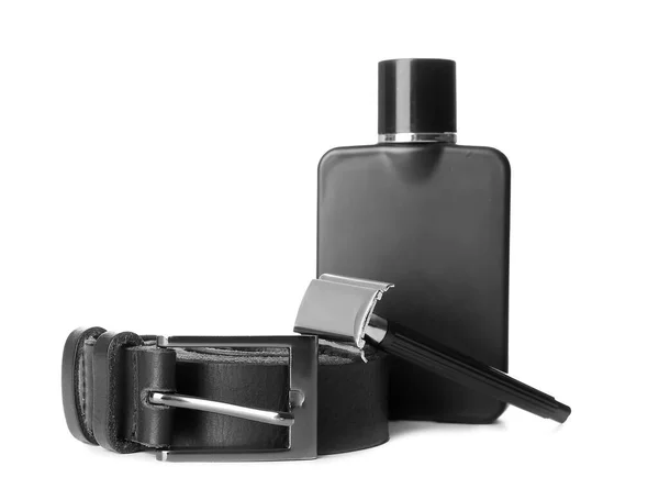 Stylish Belt Perfume Shaving Razor White Background — Stock Photo, Image