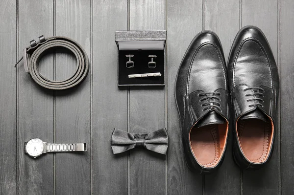 Stylish Male Accessories Black Wooden Background — Stock Photo, Image