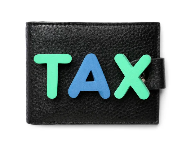 Word Tax Und Brieftasche Auf Weißem Hintergrund — Stockfoto