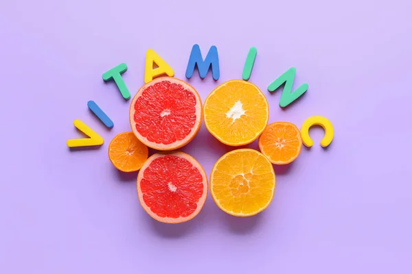 Text Vitamin Citrus Fruits Color Background — Stock Photo, Image