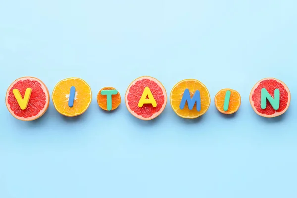 Text Vitamin Citrus Fruits Color Background — Stock Photo, Image