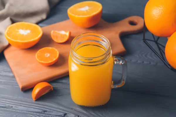 Mason Jar Tasty Citrus Juice Dark Wooden Background — Stock Photo, Image