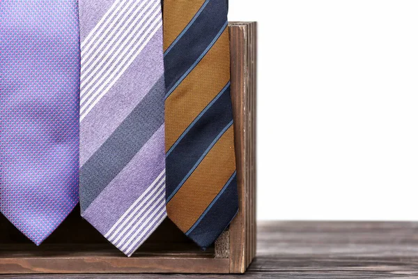 Stand Stylish Neckties Table Closeup — Stock Photo, Image