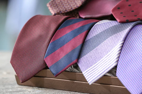 Box Many Stylish Neckties Table Closeup — Stock Photo, Image