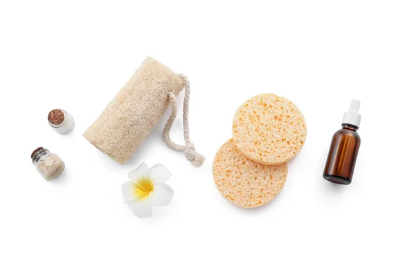 Composition Cosmetic Product Makeup Sponges Loofah White Background — Stock Photo, Image