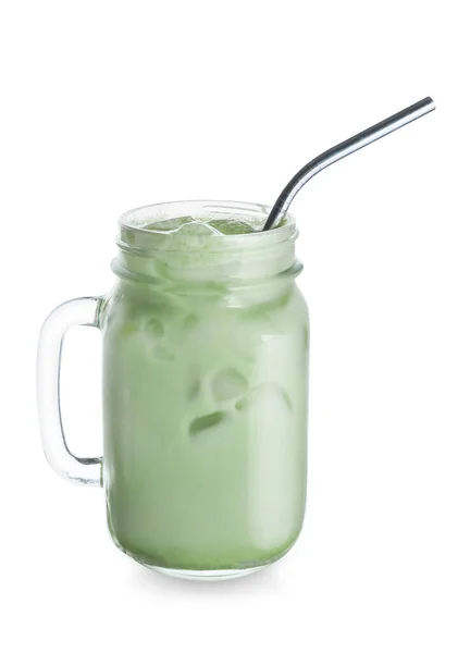 Einmachglas Mit Kaltem Grünen Tee Auf Weißem Hintergrund — Stockfoto