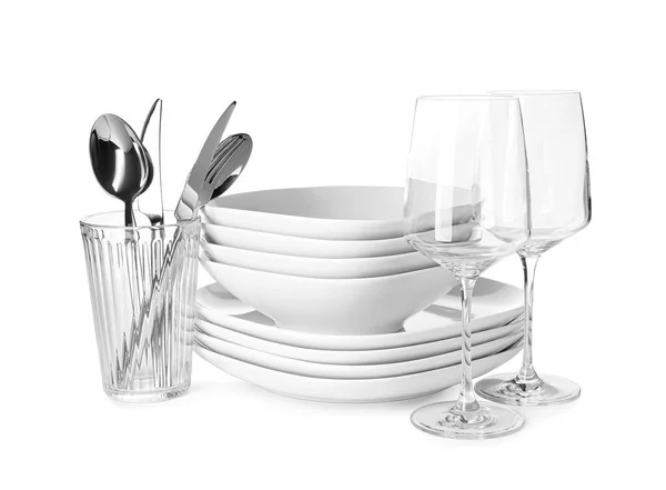 Different Clean Dishes White Background — Stock Photo, Image