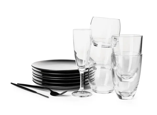 Set Black Clean Dishes White Background — Stock Photo, Image