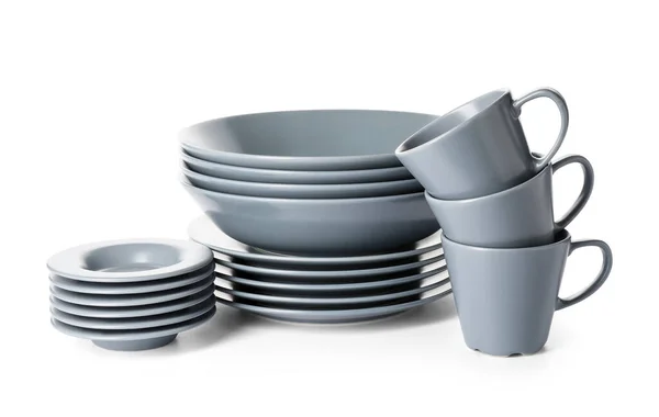 Ensemble Plats Propres Gris Sur Fond Blanc — Photo