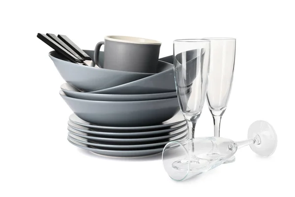 Set Grey Clean Dishes White Background — Stock Photo, Image