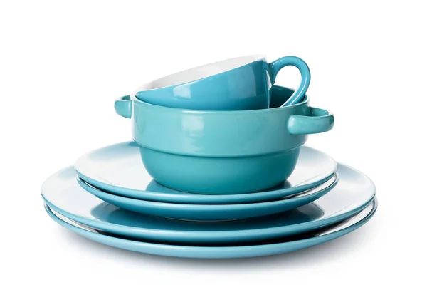 Набір Синіх Чистих Посуду Білому Тлі — стокове фото