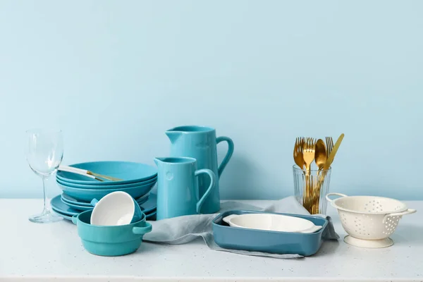 Set Clean Dishes Color Background — Stock Photo, Image
