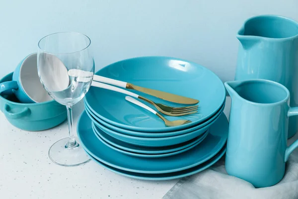 Set Clean Dishes Color Background — Stock Photo, Image