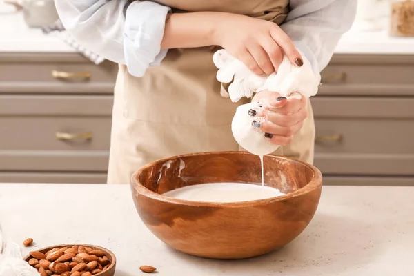 Woman Preparing Tasty Almond Milk Kitchen Table Closeup — Stock Photo, Image