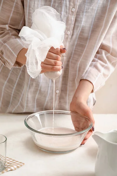 Woman Preparing Tasty Hazelnut Milk Kitchen Table Closeup — Stock Photo, Image