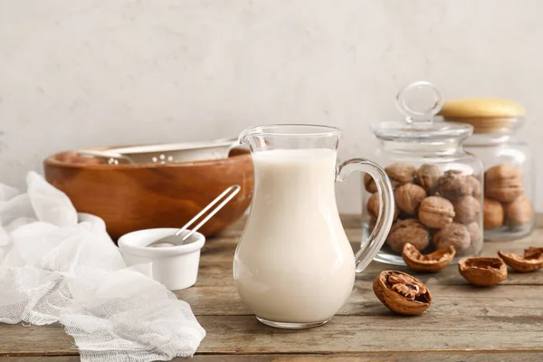Jug Tasty Walnut Milk Kitchen Table — Stock Photo, Image