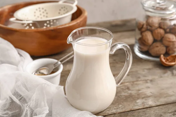 Jug Tasty Walnut Milk Kitchen Table — Stock Photo, Image