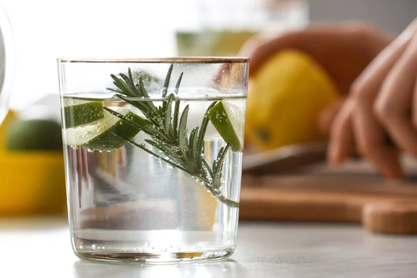 Glass Tasty Lime Cocktail Rosemary Table Closeup — Stock Photo, Image