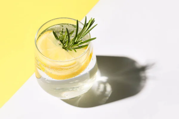 Glass Tasty Lemon Cocktail Rosemary Color Background — Stock Photo, Image