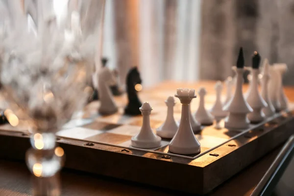 Glass Game Board Chess Pieces Table Closeup — Stock Photo, Image