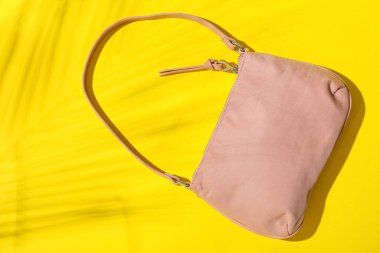 Renkli arka planda şık el çantası ve palmiye yaprağının gölgesi