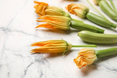 Hafif arka planda çiçekli taze kabak, yakın plan.