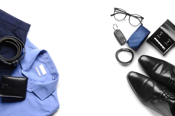 Mannelijke Kleding Set Van Stijlvolle Accessoires Witte Achtergrond — Stockfoto