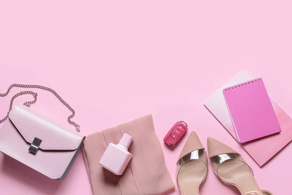 Stylish Female Accessories Pink Background — Stock Photo, Image