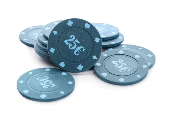 Beaucoup Jetons Poker Sur Fond Blanc — Photo
