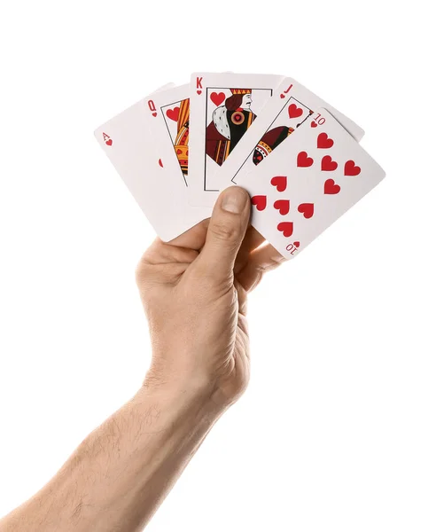 Mano Masculina Con Cartas Póquer Sobre Fondo Blanco — Foto de Stock