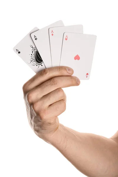 Mão Masculina Com Cartas Jogo Para Poker Fundo Branco — Fotografia de Stock