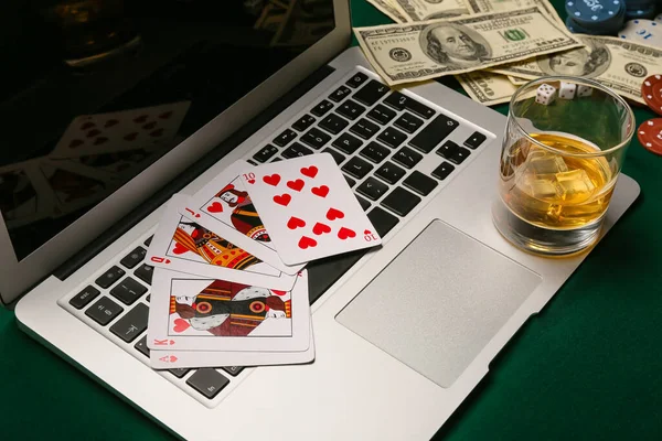 Laptop Playing Cards Poker Dollar Banknotes Glass Beverage Table Casino — Stock Photo, Image