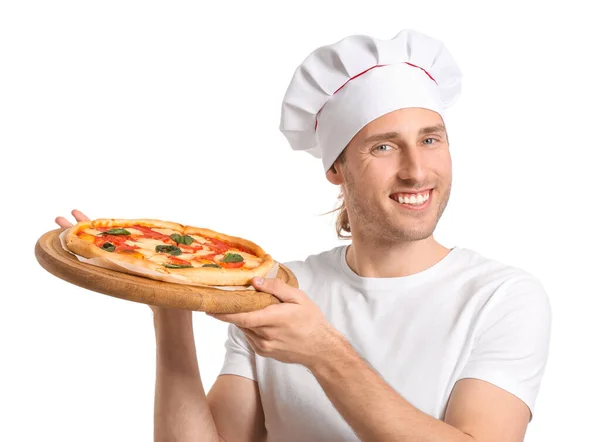 Chef Bonito Com Pizza Saborosa Fundo Branco — Fotografia de Stock